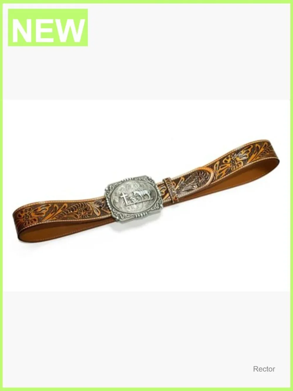 Genuine Leather Western Belt with Cross Prayer Buckle 1.5